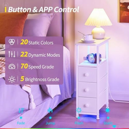 Narrow End Table with Charging Station, Narrow Side Table with Drawer, Small Nightstand with LED Light, Skinny Nightstand, Small Bedside Table for Living Room, Bedroom, Couch, White - color: White, size: 7.9" W x 18.9" D, style: Power + Light