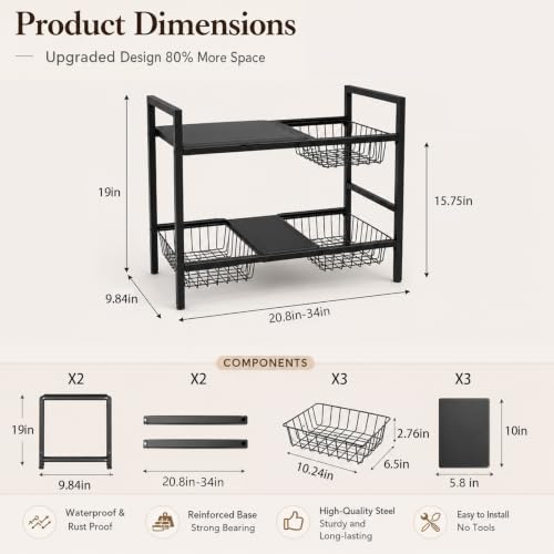 Expandable Under Sink Organizer, 2 Tier Under Sink Shelf, Height Adjustment, Under Sink Shelves with 3 Removable Baskets and 3 Removable Panels for Bathroom Kitchen Pantry Cabit black 21.65in