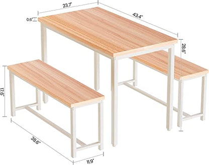 Dining Room Table Set with 2 Benches, Farmhouse Dining Table Set for 4, Wood Breakfast Dinner Table Set for Breakfast Nook Small Spaces, Beige - color: Oak