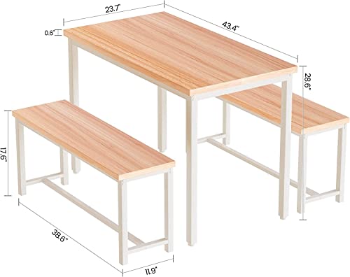 Dining Room Table Set with 2 Benches, Farmhouse Dining Table Set for 4, Wood Breakfast Dinner Table Set for Breakfast Nook Small Spaces, Beige - color: Oak