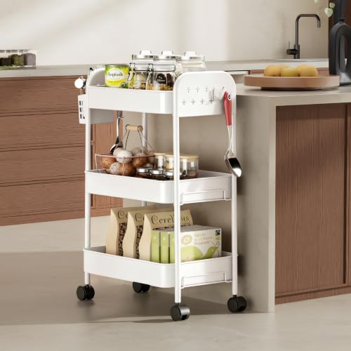 Heavy-Duty Rolling Cart 3 Tier Metal Utility Storage Cart | with Casters, Hooks & Hanging Cups, Rolling Storage Organizer for Kitchen Office Craft Snack Book - color: Matte White
