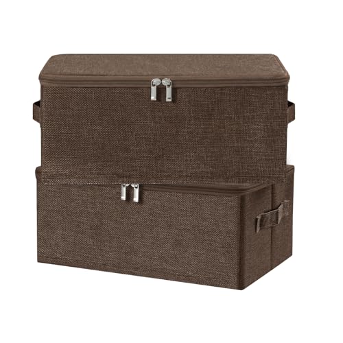 ANMINY Fabric Storage Bins with Zipper Lids, 15"x10"x6", Coffee, 2 PCS | 15.6Qt Cotton Linen Storage Box, PP Board Frame, Washable Collapsible, with Handles & 3-side Open Lid, Stackable, Small - color: Coffee, size: Small (Pack of 2)