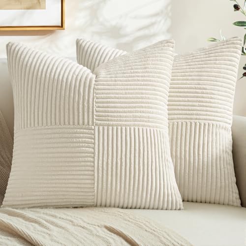 MIULEE Cream White Decorative Throw Pillow Covers for Couch 16x16 Inch | 2 Pack, Beige Neutral Boho Farmhouse Pillow Covers, Soft Cross Corduroy Patchwork Textured Cushion Cases For Bed Sofa - color: Cream White, size: 16" x 16" (Pack of 2)