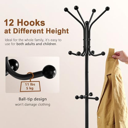 Hoctieon Coat Rack Freestanding, Coat Tree with Umbrella Holder, Metal Coat Rack Stand with 12 Hooks, Standing Coat Hanger Stand, Umbrella Stand for Entryway, Hat Rack Stand for Home Office, Black - color: Black