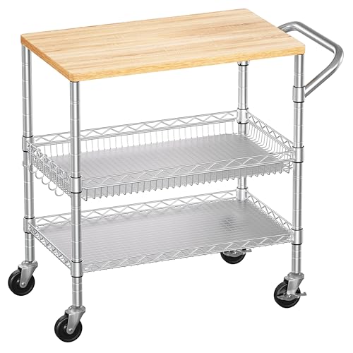 3 Tier Rolling Kitchen Carts with Wheels, Heavy Duty Rolling Utility Cart with Wood Tabletop, Commercial Grade Metal Cart with Handle and Hooks, NSF Storage Serving Island Carts, Light Wood+Metal - color: Light Wood+metal-3 Tier