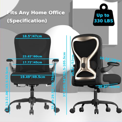 Ergonomic Home Office Chair, 4-Way Lumbar, Thick Cushion, 330LBS | Adjustable Lumbar (up/down/in/out), Rocking Mesh Back, Flip-up Arms, Easy Assembly, Ideal for home offices & small workspaces - color: Black&gold