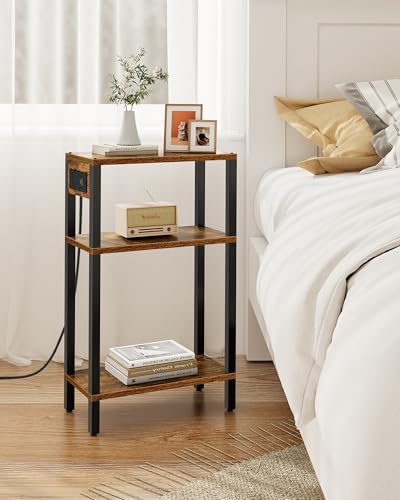TUTOTAK Narrow Side Table, 3-Tier Small End Table with Charging Station | Skinny Sofa Table, Slim Nightstand, Easy Assembly for Living Room, Bedroom, Brown TB01BB079 - color: Brown, size: 3-tier