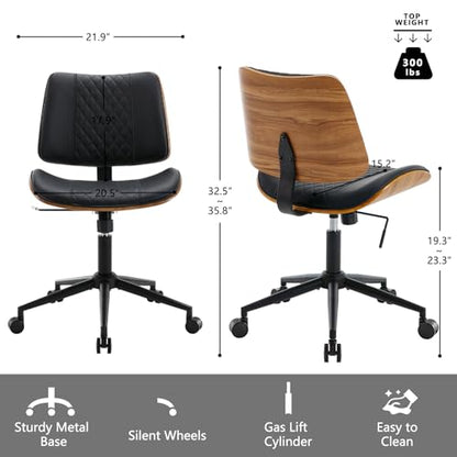 Home Office Chair No Arms with Wheels, Mid Back Walnut Style,Black-2 | Adjustable Height Small Desk Chair, PU Leather Mid Back 360 Swivel Computer Seating, Armless Walnut Office Chair, 300LBS - color: Black, size: MCM Style-2Pack