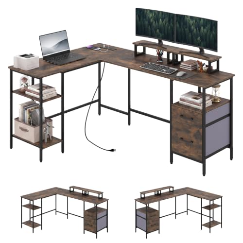 Tangkula 63" Reversible L Shaped Computer Desk w/Power Outlet & USB-C Port | Corner Gaming Desk w/Storage Drawers & Monitor Stand, Metal Frame, Study Writing Workstation for Home Office Study - color: Rustic Brown