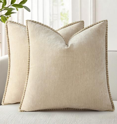decorUhome Soft Chenille Throw Pillow Covers 18x18 Set of 2 Beige | Fall Textured Decorative Throw Pillow Cases Stitched Edge Modern Farmhouse Luxury Boho Velvet for Couch Sofa Bed Home Decor - color: Beige, size: 18" x 18" (Pack of 2)
