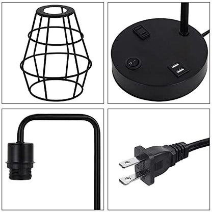 BTY USB Edison Table Lamp Set of 2, Bedside Nightstand Desk Lamps with Dual USB Charging Ports and 2 Prong AC Outlet Metal Wire Cage Industrial Reading Table Lamp for Bedroom Living Room Farmhouse - size: CAGE 1
