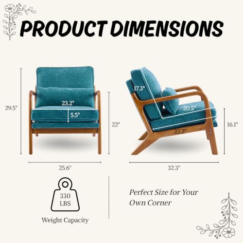 Karl home Mid-Century Modern Accent Reading Chair, Teal | Chenille Upholstered, Solid Wood Frame, Soft Cushion, Lumbar Pillow, Lounge Armchair for Living Room, Bedroom, Balcony, Study - color: Chenille Teal