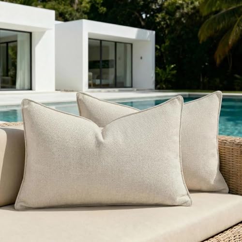 Fancy Homi Set of 2 Water Resistant Lumbar Soft Chenille Decorative Outdoor Throw Pillow Covers Solid Beige Summer Farmhouse Boho Patio Ivory Cushion Case Small 12x24 Inch for Balcony Couch Sofa Bed - color: Beige, size: 24" x 12" (Pack of 2)
