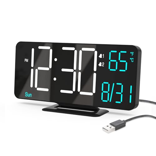 Digital Clock for Bedroom 6.7in Small Digital Alarm Clock Black, Dimming,12/24h,Date,Day of Week, Indoor Temperature,Desk Clocks for Classroom, LED Clocks for Living Room, Digital Calendar - color: Black (White + Blue Digits)