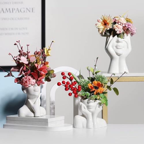 XSMXLNKWL Ceramic Face Vase White Flower Vase for Decor, Female Face Vase Art, Modern Decorative Vase Centerpiece for Table, Shelf, Living Room, Office, Bedroom, Small - style: Face Vase - Stroking the Neck
