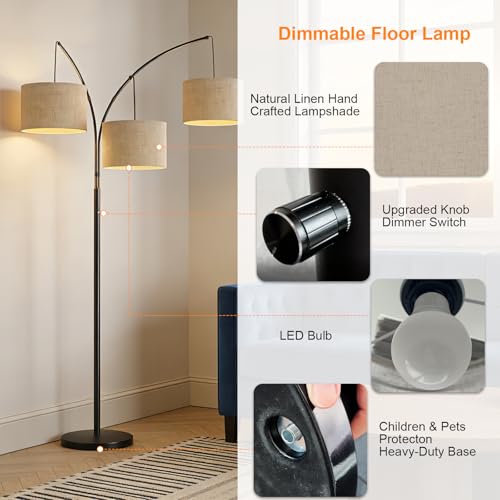 80 Inch Arc Floor Lamp with Remote Control, 3-Light Dimmable Standing Lamp | 2400LM Super Bright Tree Lamp for Living Room, Modern Tall Floor Lamp with Adjustable Arms&Weighted Base,3 LED Bulbs Included - color: Beige