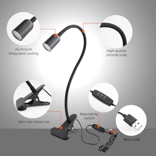 DAMI LED Reading Light for Bed Headboard – Dimmable Clip-On Book Light with Flexible Gooseneck, Adjustable Color Temperature (3000/4000/6000K), USB-Powered Desk Lamp for Dorms and Home - color: Black