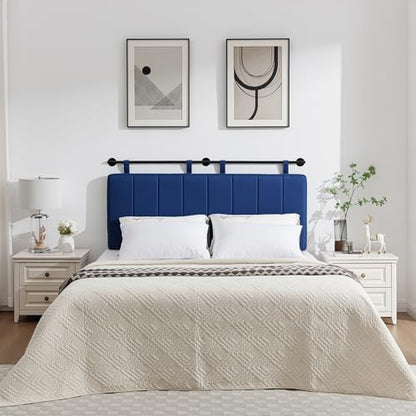 King Headboard Only, Wall Mounted Hanging Upholstered Bed Head Board | Modern Vertical Channel Design of Fine Linen, Elegant Dark Blue Fluted Headboard for Bedroom (Dark Blue, King Size ) - color: Linen/Blue, size: King