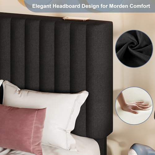 Einhomn Twin Size Bed Frame with Headboard, Upholstered Linen Platform Bedframe with Solid Wooden Slats, Noise-Free, No Box Spring Needed, Easy Assembly, Black - color: Black, size: Twin