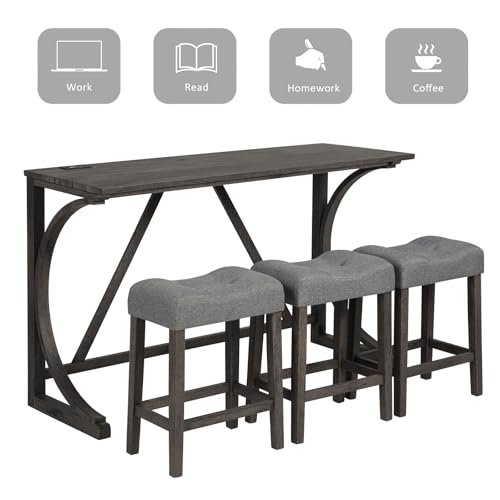 59" Counter Height Bar Table Set with Power Outlet, Industrial Breakfast Table with 3 Padded Stools, 4 Piece Bar Table and Chairs Set for Living Room, Dining Room, Dark Gray - color: O-dark Gray
