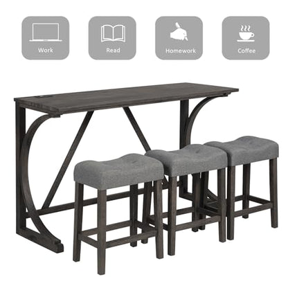 59" Counter Height Bar Table Set with Power Outlet, Industrial Breakfast Table with 3 Padded Stools, 4 Piece Bar Table and Chairs Set for Living Room, Dining Room, Dark Gray - color: O-dark Gray