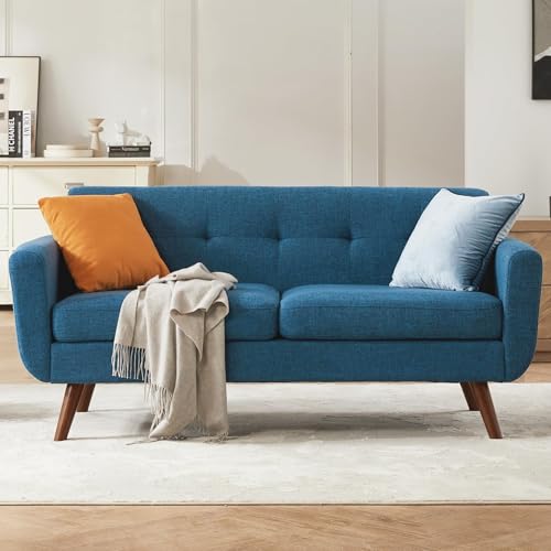 Tbfit 65" W Loveseat Sofa, Mid Century Modern Decor Love Seat Sofas and Couches for Living Room, Button Tufted Upholstered Small Couch for Bedroom, Solid and Easy to Install Love Seats Furniture, Blue - color: Blue, size: 65.2 inch