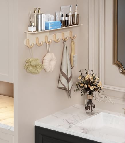 Wall Hooks with 22'' Shelf Coat Rack Wall Mount with 6 Hooks Entryway Hanging Shelf with Storage for Bathroom, Living Room, Bedroom, Modern Floating Wall Shelves with Hooks (Cream White)