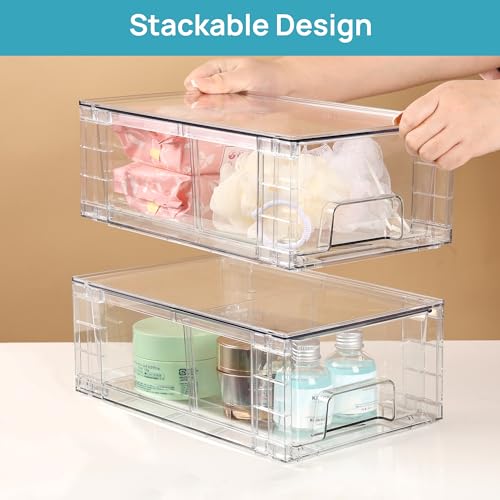 Vtopmart 8 Pack Stackable Clear Drawer with Dividers | Clear Drawer Organizers with Removable Dividers for Flexible Storage. Stackable, Non-slip, for Fridge, Under Sink & Bthroom - size: 8Pack 4.4"H-with Dividers