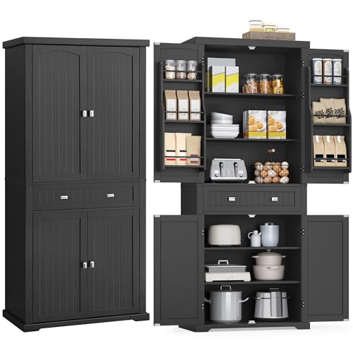 VASAGLE Pantry Cabinet, Tall Storage Cabinet with Drawer, 71.7-Inch | Freestanding cupboard with 2 cabinets, 4 adjustable shelves, 6 door shelves, Ink Black, UBBC561B12 - color: Ink Black, style: Modern