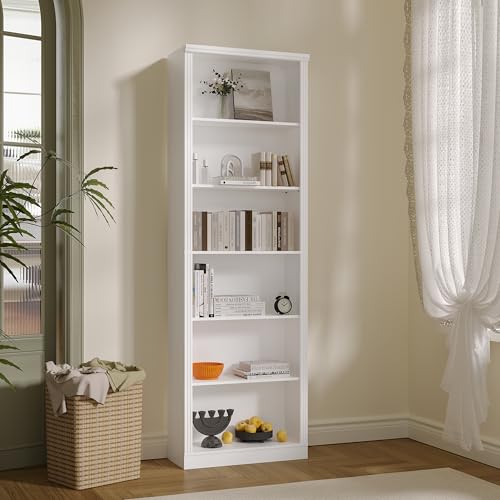 Thacuok White Bookshelf, 75" Tall Bookcase, 6 Tier Adjustable Storage Shelves, Book Shelf with Anti-Tipping Device, Floor Standing Modern Display Rack for Living Room, Bedroom, Office - color: White