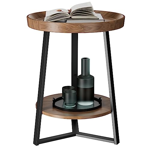 Round End Table with Storage Shelf, 2 Tier Farmhouse Side Table Nightstand for Living Room, Bedroom, Wood Tabletop & Black Metal Frame, Brown 15.7 * 15.7 * 23.0inches - color: Brown, size: 15.7"D x 15.7"W x 23"H (no Charging Station)