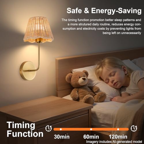 Battery Operated Wall Sconces Set of 2, Rattan Shade, Gold, 18.5in | Wireless, RGB Rechargeable Dimmable, Boho Style, For Bedroom, Living Room, Hallway, Bulbs Included - color: Gold 18.5in