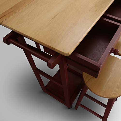 Casual Home Drop Leaf Breakfast Cart with 2 Stools-Red - color: Natural&red