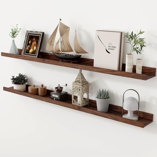 Oak Picture Ledge Shelf, 48 Inch Floating Shelves Set of 2, Solid Oak Wood Wall Shelves with Lip, Wall Decor Storage for Bedroom Living Room Bathroom Kitchen Nursery Photo Picture, Walnut - color: Walnut, size: 48inch