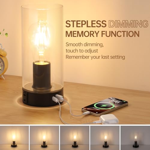 Shenmoyl Industrial Bedside Lamp with USB-A+C Charging Ports & AC Outlet, Small Touch Control Dimmable Table Lamp with Black Base Glass Shade for Bedroom, Nightstand, Dorm, Office, Desk - color: Black