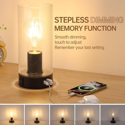 Shenmoyl Industrial Bedside Lamp with USB-A+C Charging Ports & AC Outlet, Small Touch Control Dimmable Table Lamp with Black Base Glass Shade for Bedroom, Nightstand, Dorm, Office, Desk - color: Black