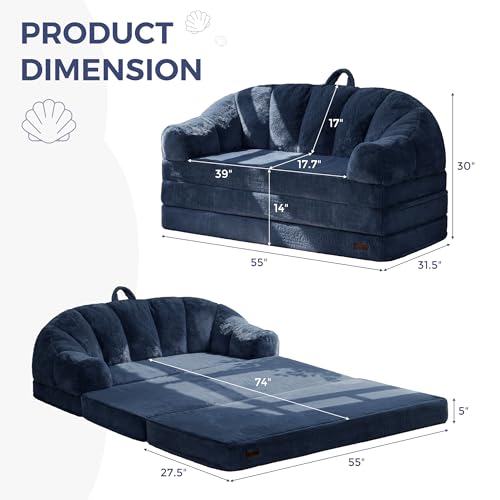 MAXYOYO Folding Sofa Bed, 2 in 1 Convertible Sofa to Lounger | Comfy Loveseat Bean Bag Chair for Adults, Floor Couch with Handle, Faux Fur Couch Bed for Living Room Bedroom, Navy - color: Navy, size: Loveseat