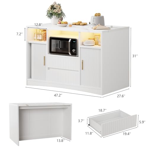 Kitchen Island with Storage, Island Table for Kitchen with Power | Outlet & LED Light, Rolling Buffet Cabinet with Sliding Door, 2 Drawers, Microwave Cart, Large Faux Marble Countertop, White - color: White