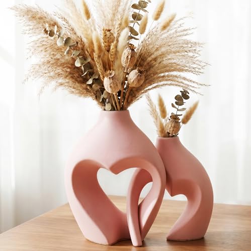 Ceramic Flower Vases Table Decor Heart Shaped Vase Set of 2 Pink | Nordic Heart Shaped Vases Minimalist Decorative Vase for Table Centerpiece Wedding Dining Living Room Office House Decoration - color: Pink