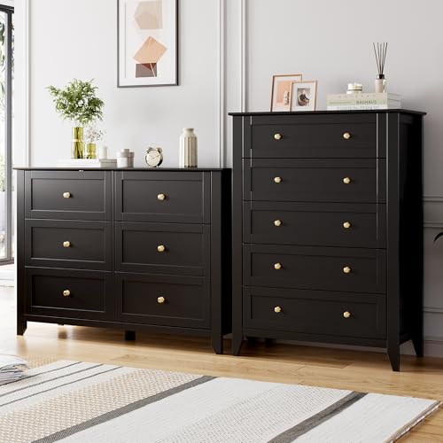 IDEALHOUSE 5 Chest of Drawer Dresser, Modern Wood Organizer Dresser Storage Cabinet with Drawers for Bedroom, Living Room, Entryway, Black | Simply 5 Drawer Dresser for Hallway Entryway, 15.8"D x 31.5"W x 42.5"H, Lacquered Storage Organizer for Living Roo