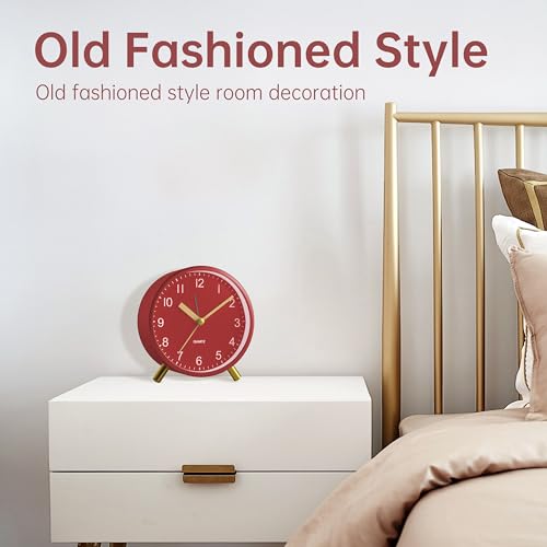 JALL Analog Alarm Clock, 4 inch Super Silent Non Ticking Small Clock with Night Light, Battery Operated, Simple Design, Easy Setting for Office, Bedroom, Bedside, Desk, Teens, Elders, Adult, Red - color: Red+gold