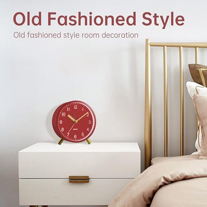 JALL Analog Alarm Clock, 4 inch Super Silent Non Ticking Small Clock with Night Light, Battery Operated, Simple Design, Easy Setting for Office, Bedroom, Bedside, Desk, Teens, Elders, Adult, Red - color: Red+gold