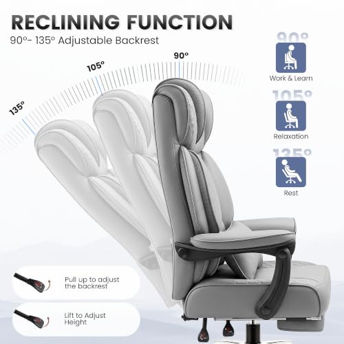 BestGlory Office Desk Chair, Big and Tall Leather Gaming Chair with Footrest, Ergonomic Comfy Executive High-Back Reclining Computer Chairs, Wide Swivel Rolling Wheels and Padded Lumbar Support, Gray - color: Grey, style: Freely Reclining