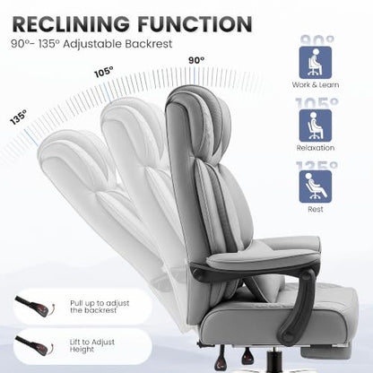 BestGlory Office Desk Chair, Big and Tall Leather Gaming Chair with Footrest, Ergonomic Comfy Executive High-Back Reclining Computer Chairs, Wide Swivel Rolling Wheels and Padded Lumbar Support, Gray - color: Grey, style: Freely Reclining