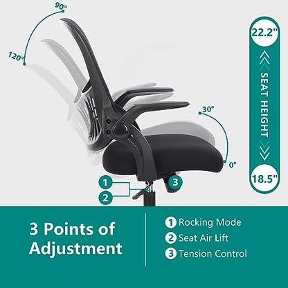 Sweetcrispy Executive Home Office Chair, Mesh Office Chair, Black | Ergonomic Executive, Adjustable Height, 360° Swivel Wheels, Mid-Back, Comfy Arms, Bedroom, Study, Student - color: Black, size: 18.5"D&Flip-up Arms-Plus