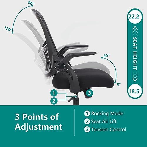 Sweetcrispy Executive Home Office Chair, Mesh Office Chair, Black | Ergonomic Executive, Adjustable Height, 360° Swivel Wheels, Mid-Back, Comfy Arms, Bedroom, Study, Student - color: Black, size: 18.5"D&Flip-up Arms-Plus