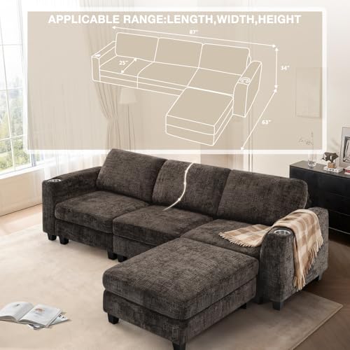 87" Chenille 3 Seater Couch with Soft Ottoman, Brown | L-Shape Sectional Sofa with Durable Cup Holders, Upholstered Sofa with Comfy Backrests for Living Room, House - color: Brown, size: 87" L-Shape
