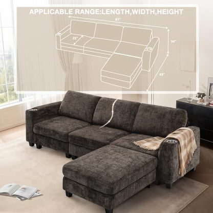87" Chenille 3 Seater Couch with Soft Ottoman, Brown | L-Shape Sectional Sofa with Durable Cup Holders, Upholstered Sofa with Comfy Backrests for Living Room, House - color: Brown, size: 87" L-Shape