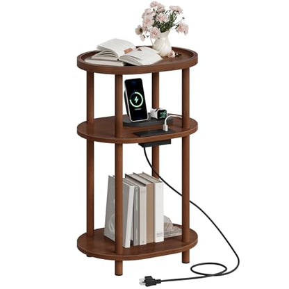 HOOBRO Small Side Table with Charging Station, 3-Tier Oval Bamboo End Table, Accent Table, Compact Sofa Bedside Table for Small Space, for Living Room, Bedroom, Apartment, Mocha MA177UBZ01 - color: Mocha
