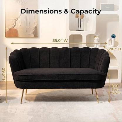 Black Modern Boucle Loveseat Couch with Gold Metal Legs | 2-Seater Upholstered Mini Sofa Couches for Small Space,Living Room Bedroom Office Dorm Studio Apartment Love Seat Couche - color: Black